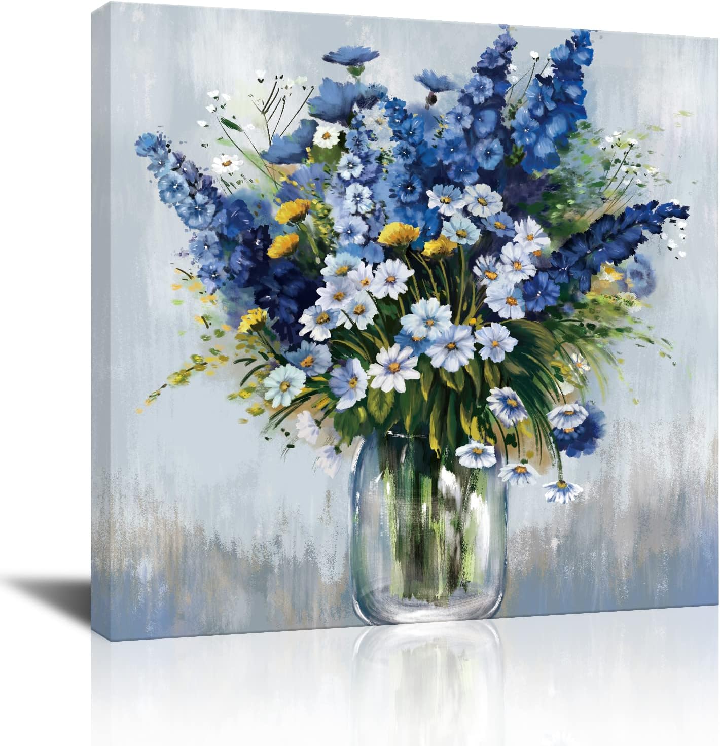 Blue and White Flower Wall Art, Bathroom Floral in vase Canvas Print Nature Scenery Wall Art for Living Room Bedroom Wall Painting Decoration Modern Artwork